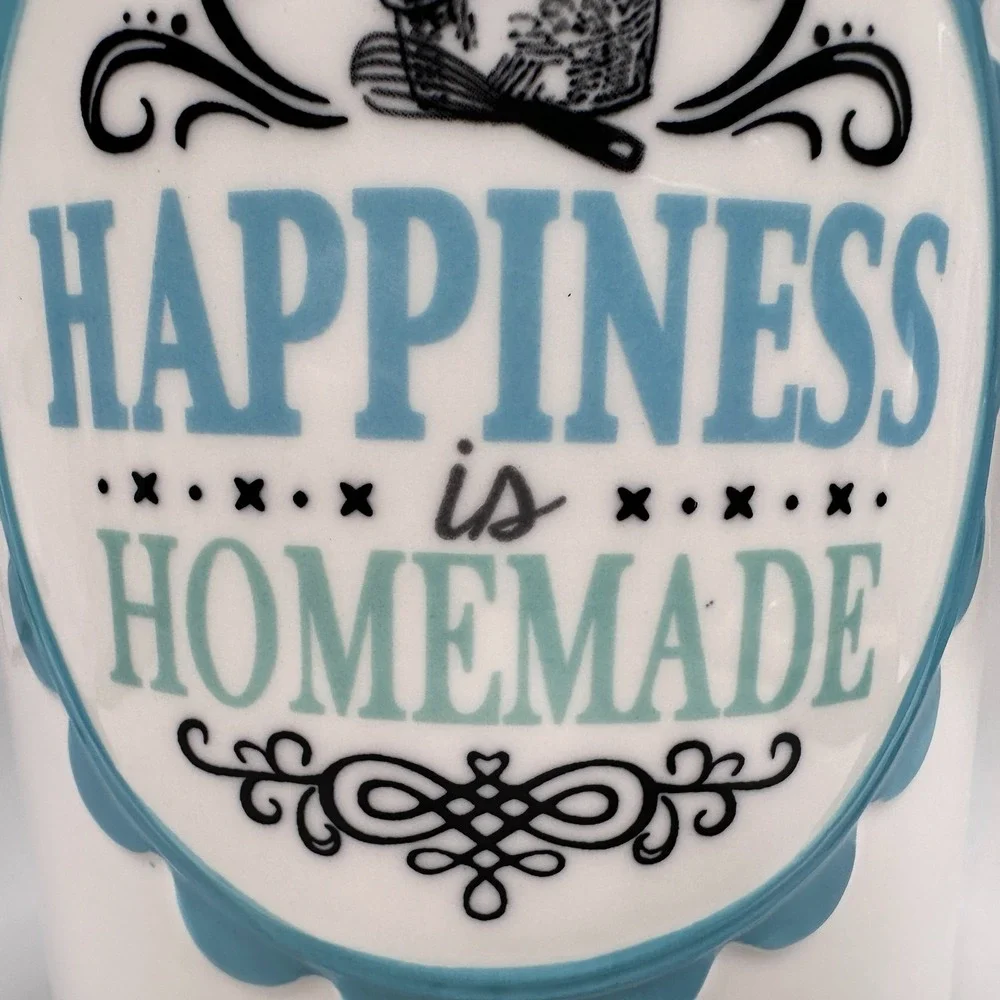Cracker Barrel Cookie Jar 'Happiness is Homemade' Teal & White 8.5 x5.5